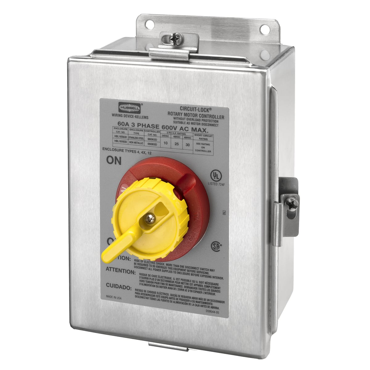 HBL16S63D Enclosed Front Wired Industrial Grade Non-Fused Standard Disconnect Switch With Rotary Handle, 600 V, 60 A, 30 hp, 3 Poles