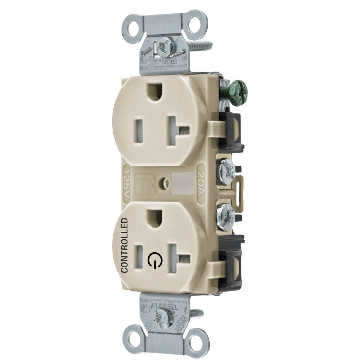 BR20C1LATR 1-Controlled Face Duplex Tamper-Resistant Straight Blade Receptacle, 125 VAC, 20 A, 2 Poles, 3 Wires, Light Almond