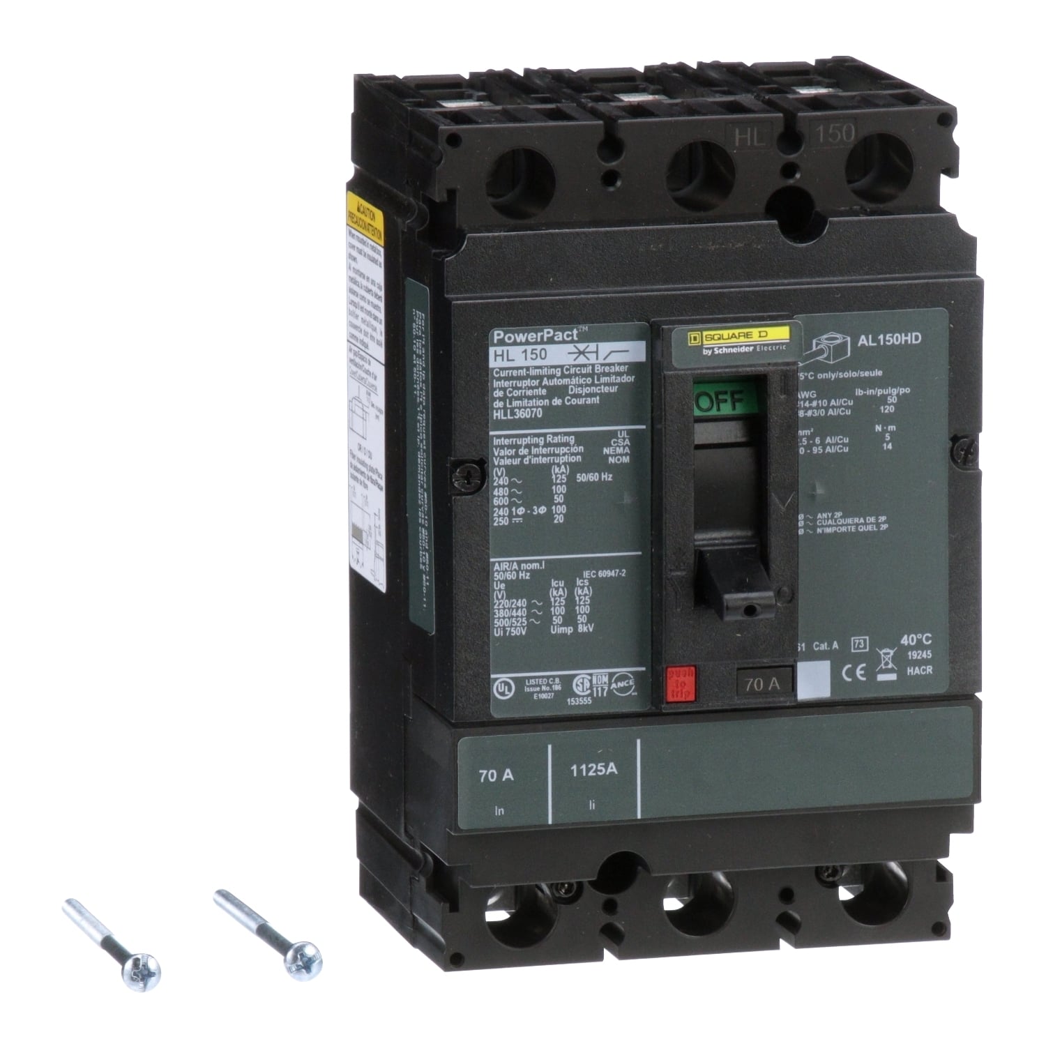 HLL36070 I-Line PowerPact 80% Rated Type HLL Molded Case Circuit Breaker, 600 V AC/250 to 500 V DC, 70 A, 125 kA at 240 VAC/100 kA at 480 VAC/50 kA at 600 VAC/20 kA at 250 VDC/50 kA at 500 VDC/250 VDC/500 VDC/600 VAC Interrupt, 3 Poles