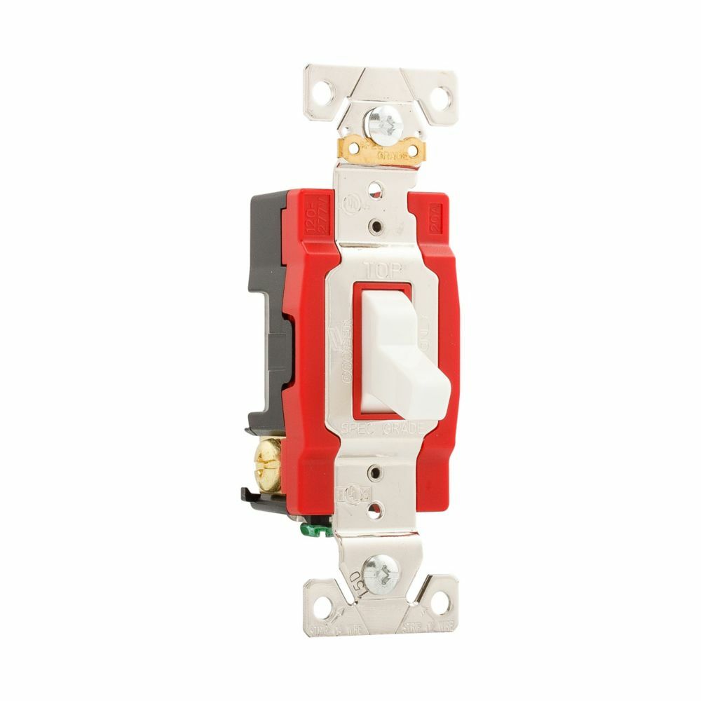 Eaton construction grade toggle switch, #14-10 AWG, 20A, Industrial, Wall, 120/277V, Back and side, Screw, White, Three-Way, Polycarbonate
