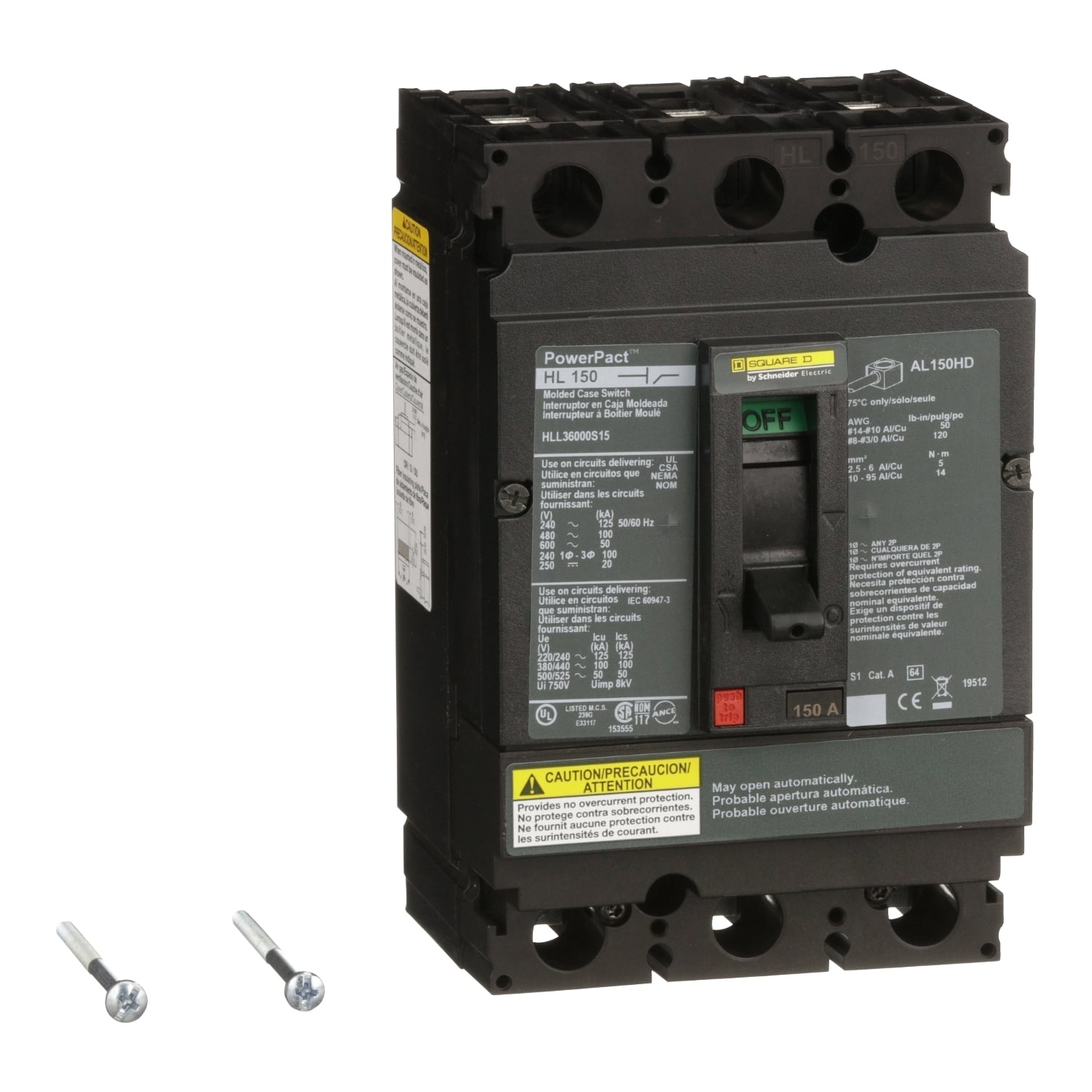 HLL36000S15 PowerPact Automatic Molded Case Switch, 600 V AC/250 to 500 V DC, 150 A, 125 kA at 240 VAC/100 kA at 480 VAC/50 kA at 600 VAC/20 kA at 250 VDC Interrupt, 3 Poles, Magnetic Trip
