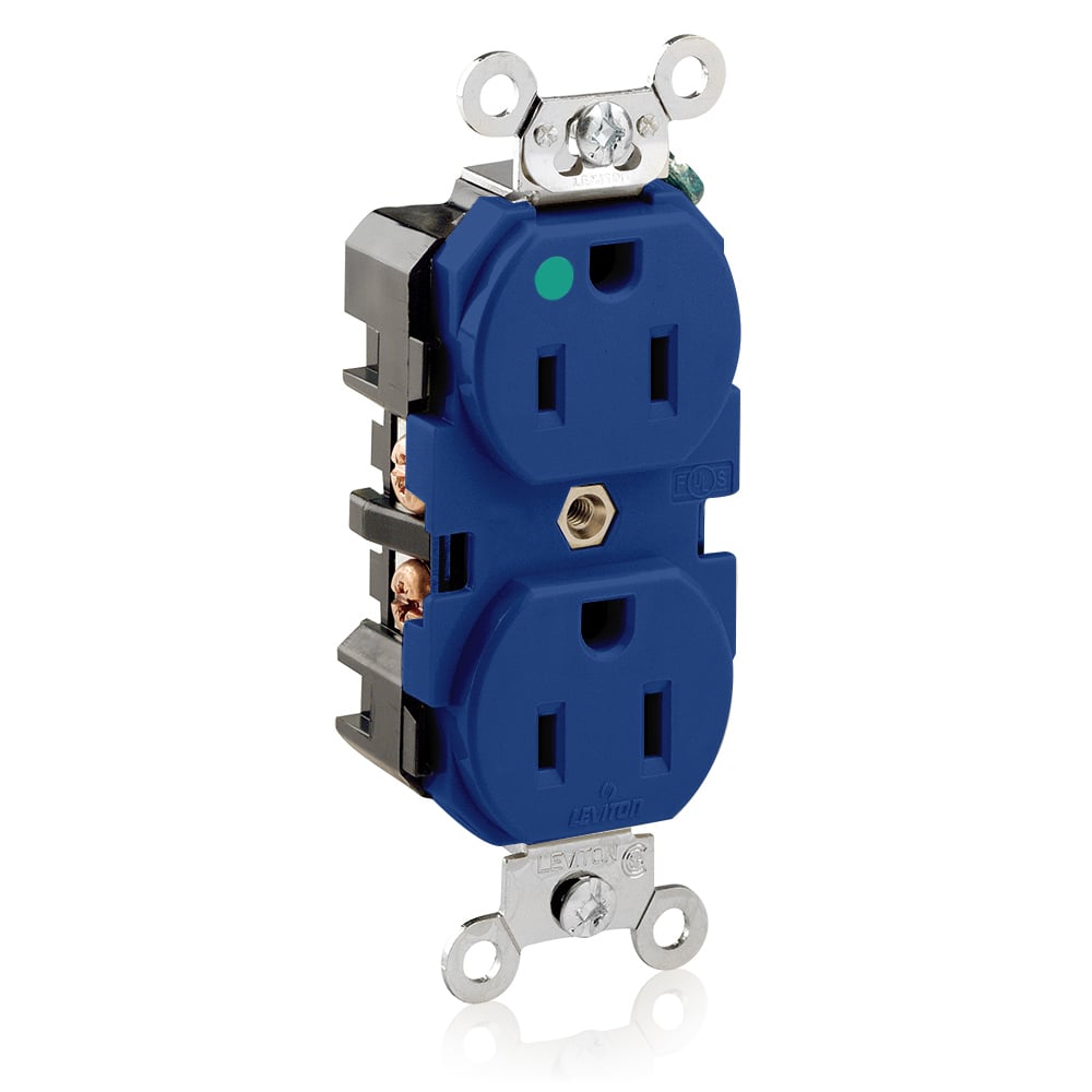 8200-HBU Duplex Self-Grounding Straight Blade Receptacle With Screws, 125 V AC, 15 A, 2 Poles, 3 Wires, Blue