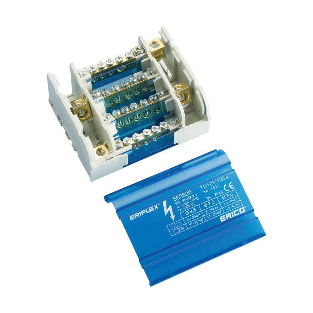 TD-100-125AL ERI2 TD Compact Distribution Block, 690 V AC, 100/125 A, 4 Poles, 10 to 35 sq-mm, (7) 2.5 to 6 sq-mm, (3) 10 to 25 sq-mm Wire, Brass/Thermoplastic