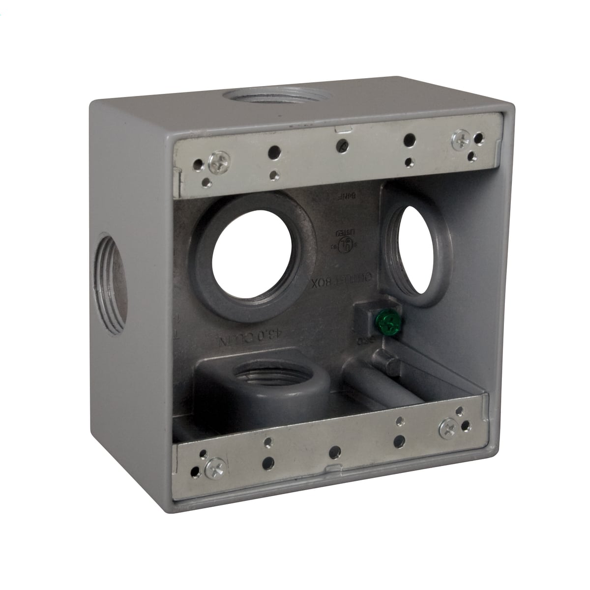 DD5100XS Deep X-Pattern Weatherproof Outlet Box With Side Lugs, Die Cast Metal, 36 cu-in Capacity, 2 Gangs, 5 Outlets, 4-1/2 in L x 4-1/2 in W