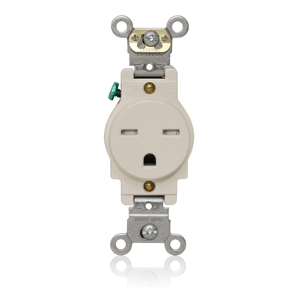 T5661-T T5661 Heavy Duty Self-Grounding Single Smooth Face Standard Straight Blade Receptacle, 250 V AC, 15 A, 2 Poles, 3 Wires, Light Almond