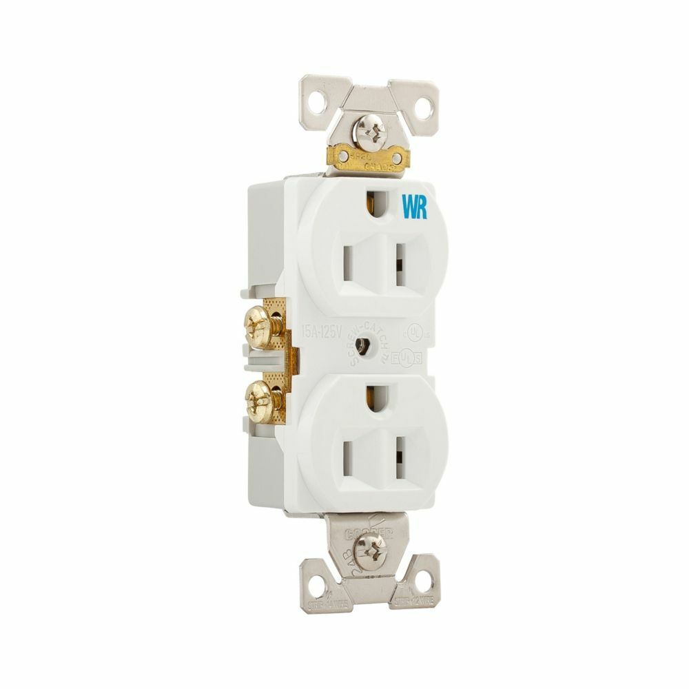 WRBR15W Duplex Grounding Straight Blade Receptacle, 125 V AC, 15 A, 2 Poles, 3 Wires, White