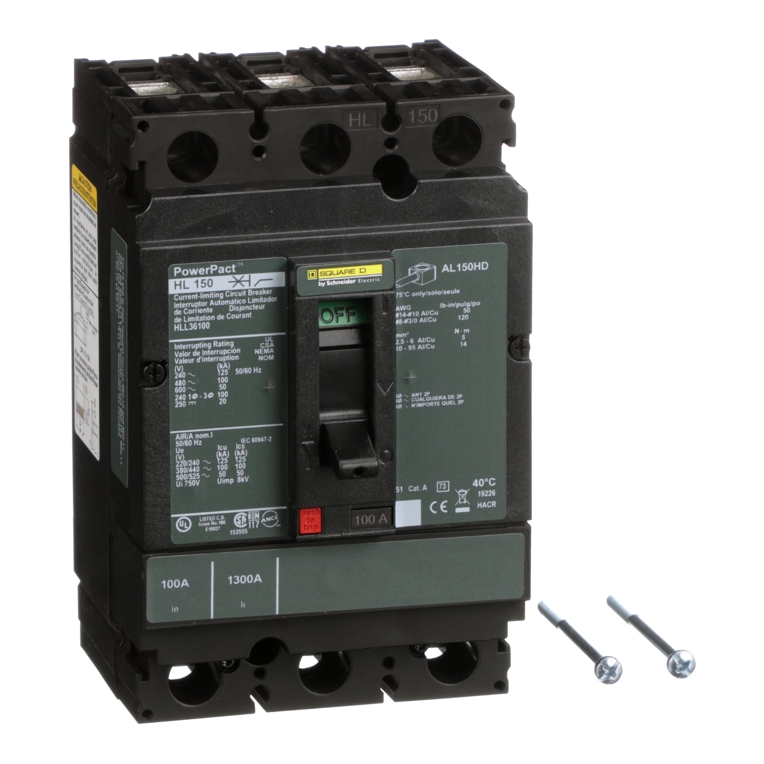 HLL36100 PowerPact 80% Rated Type HLL Molded Case Circuit Breaker, 600 V AC/250 V DC, 100 A, 125 kA at 240 VAC/100 kA at 480 VAC/50 kA at 600 VAC/20 kA at 250VDC Interrupt, 3 Poles, Thermal Magnetic Trip