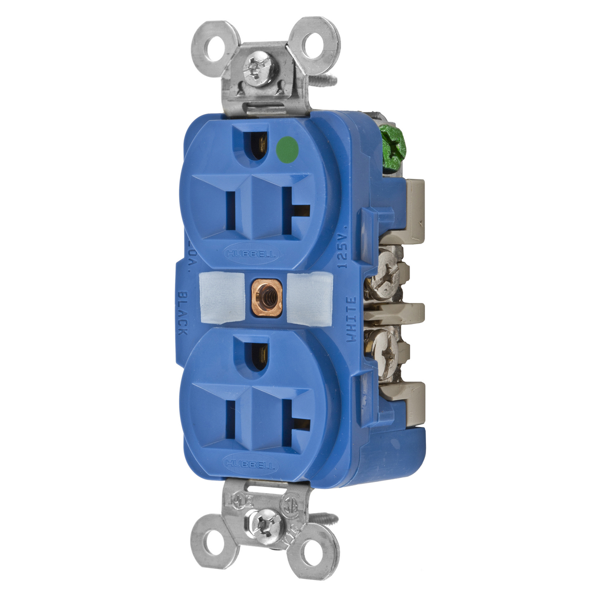HBL8300BL 1-Phase Duplex Extra Heavy Duty Self-Grounding Standard Traditional Screw Mount Straight Blade Receptacle, 125 V AC, 20 A, 2 Poles, 3 Wires, Blue