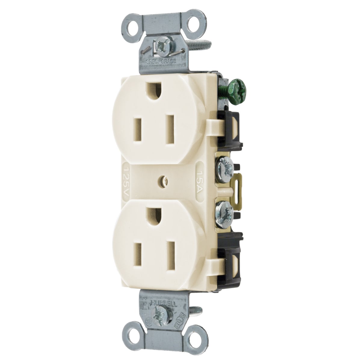 BR15LA 1-Phase Duplex Standard Traditional Screw Mount Straight Blade Receptacle, 125 V AC, 15 A, 2 Poles, 3 Wires, Light Almond