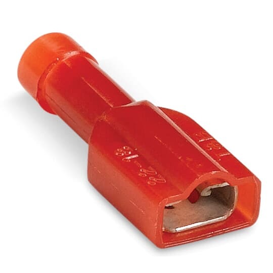 TVF18-250FD-XV Catamount Female Disconnect, 22 to 16 AWG Conductor, 0.25 in W x 0.032 in THK Tab, Funnel Entry/Internal Serration Barrel, Brass/Copper, Red, Fully Insulated