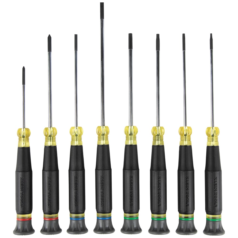 Klein Tools 8-Piece Precision Screwdriver Set helps get the job done when precision is key. These tools have all the quality and standards of full size screwdrivers with precise finger control for turning blades in tight spaces. This set includes 2 flat tip screwdrivers, 2 Phillips screwdrivers and 4 TORX screwdrivers. Individual screwdrivers also sold separately.