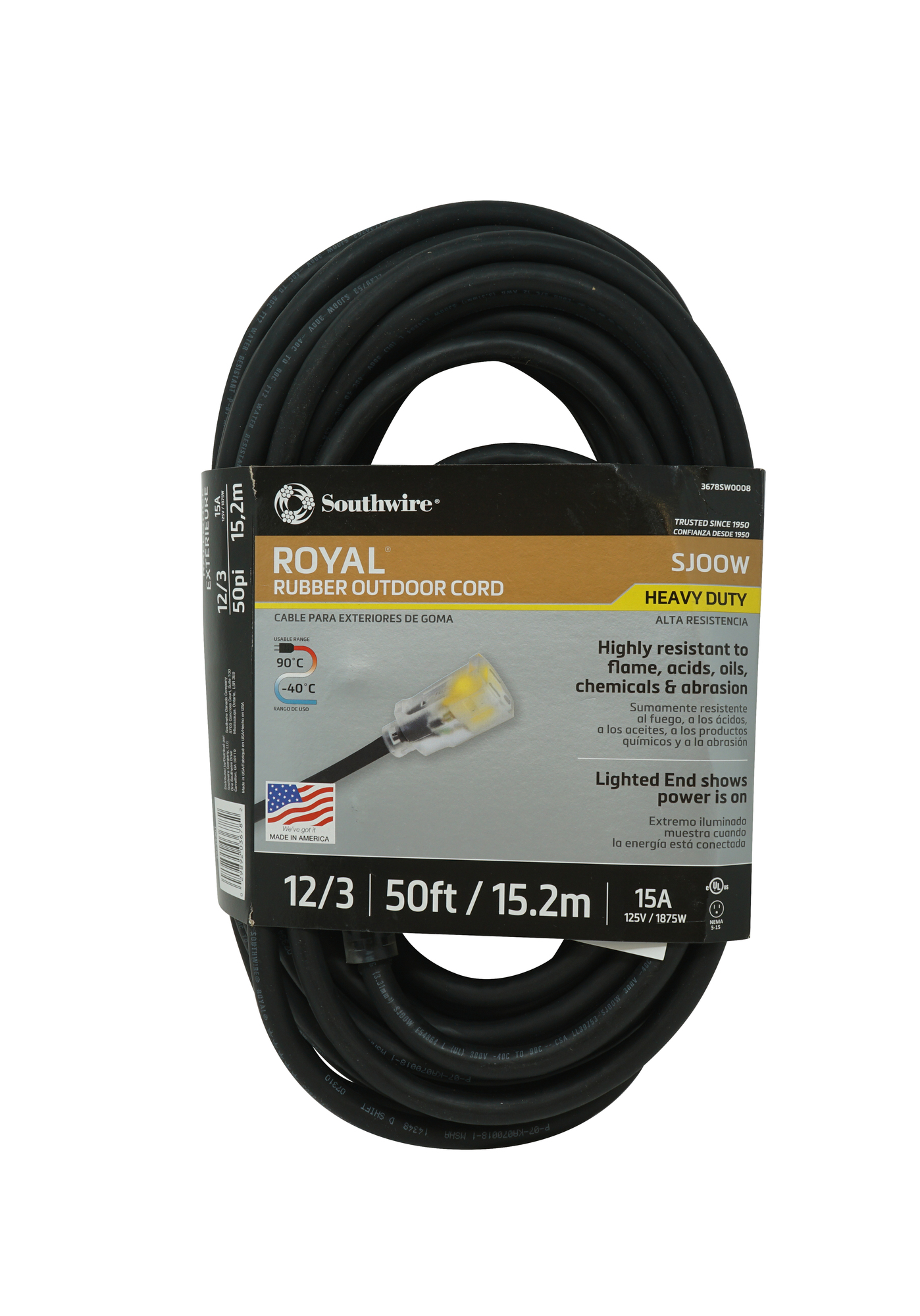 3678SW0008 Royal Heavy Duty Welding Extension Cord With Power Light Indicator, 125 V, 15 A, 1875 W, 50 ft L Cord, 3 Conductors
