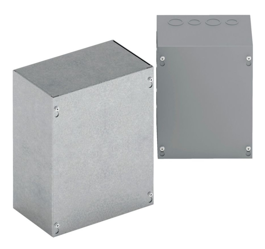 Type 1 junction boxes, 12" height, 4" length, 8" width, NEMA 1, Screw cover, SC enclosure, Surface mounted, Small single door, 5 side knockouts,4 top-bottom knockouts, Thru holes, Carbon steel
