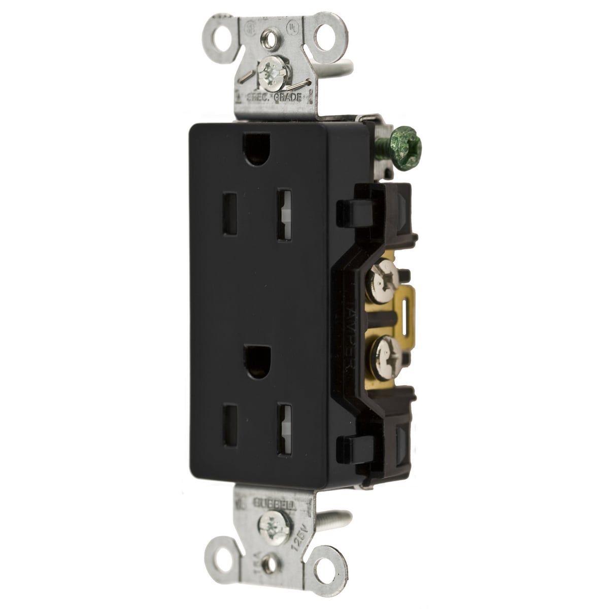DR15BLKTR 1-Phase Decorator Duplex Self-Grounding Standard Tamper Resistant Screw Mount Straight Blade Receptacle, 125 V AC, 15 A, 2 Poles, 3 Wires, Black