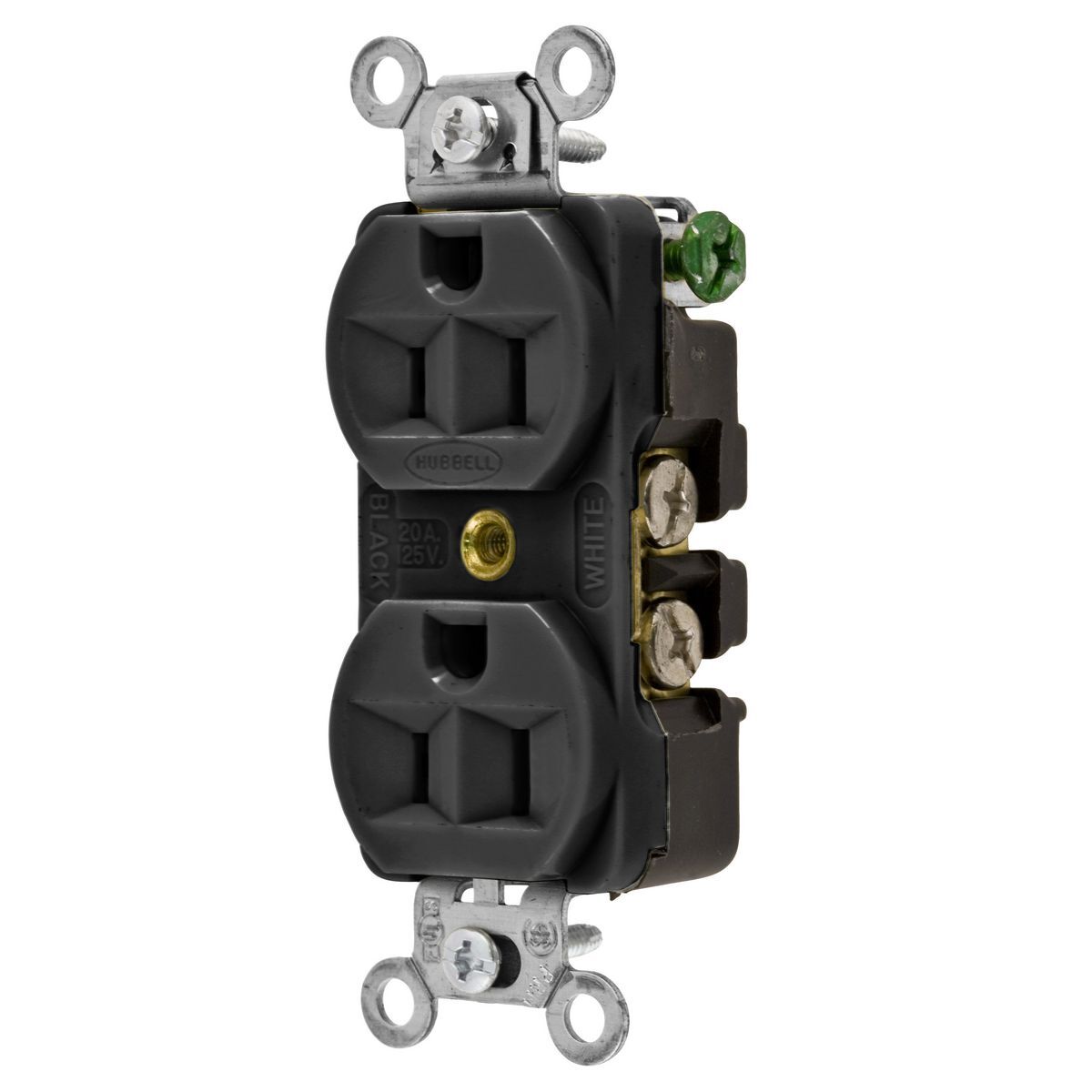 5262BLK 1-Phase Duplex Heavy Duty Standard Screw Mount Straight Blade Receptacle, 125 V AC, 15 A, 2 Poles, 3 Wires, Black