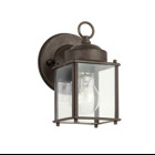 The one light New Street Wall Lantern features a classic profile with Tannery Bronze finish, and clear glass panels. It uses a 60-watt (max.) bulb, measures 8in. high, and is U.L. listed for wet location.