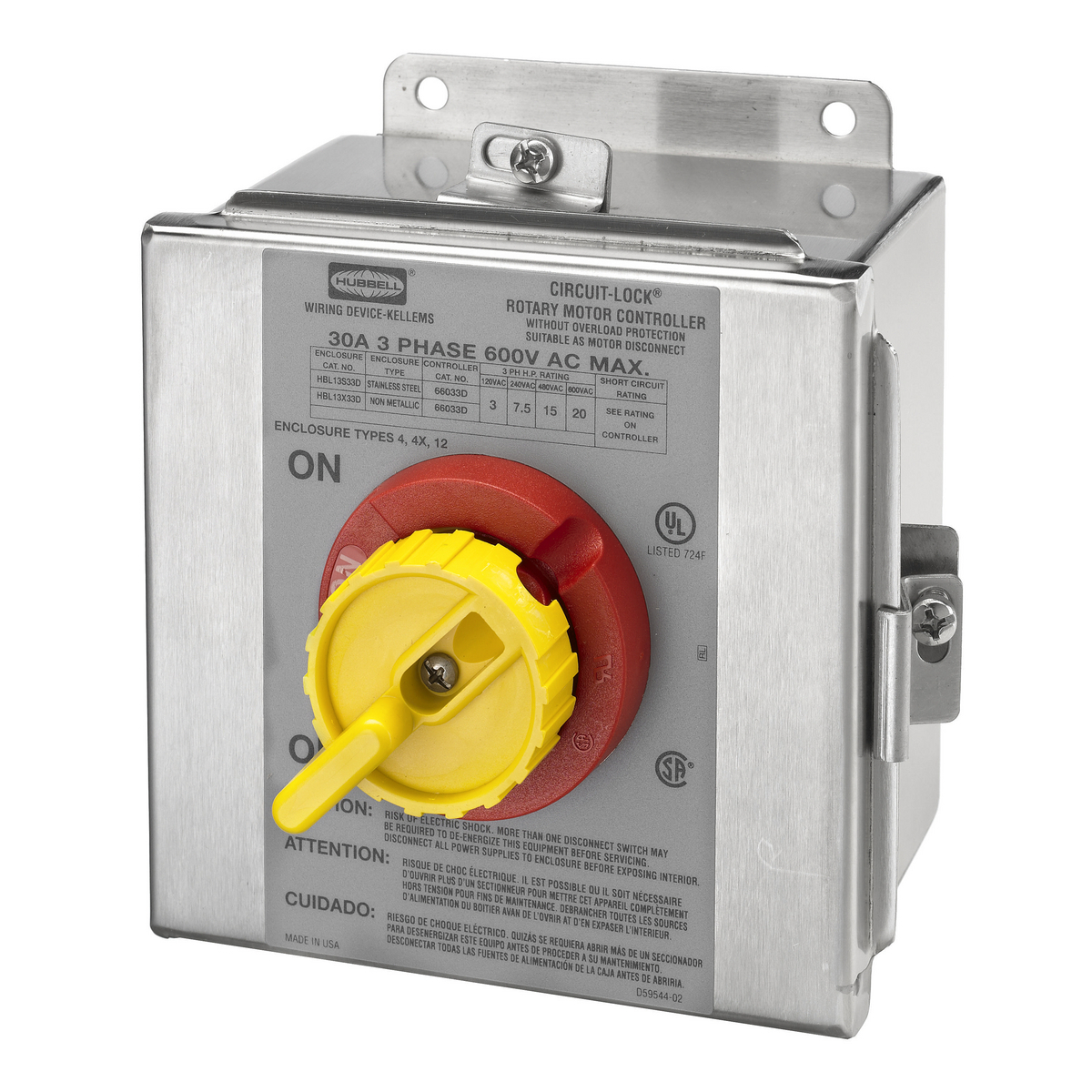 HBL13S33D Back/Side Wired Enclosed Industrial Grade Non-Fused Standard Disconnect Switch With Rotary Handle, 600 V, 30 A, 20 hp, 3 Poles