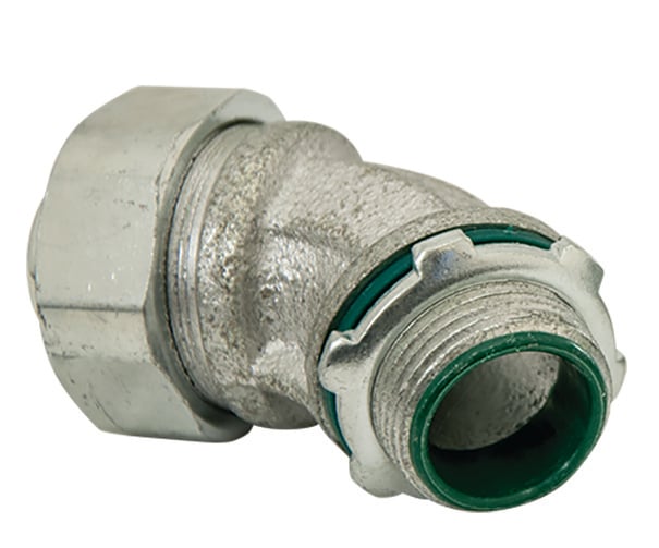 LTQ12545-ICKON Connector Liquid Tight Fitter, 1.25 in Trade, 45 deg, Malleable Iron, Zinc Plated