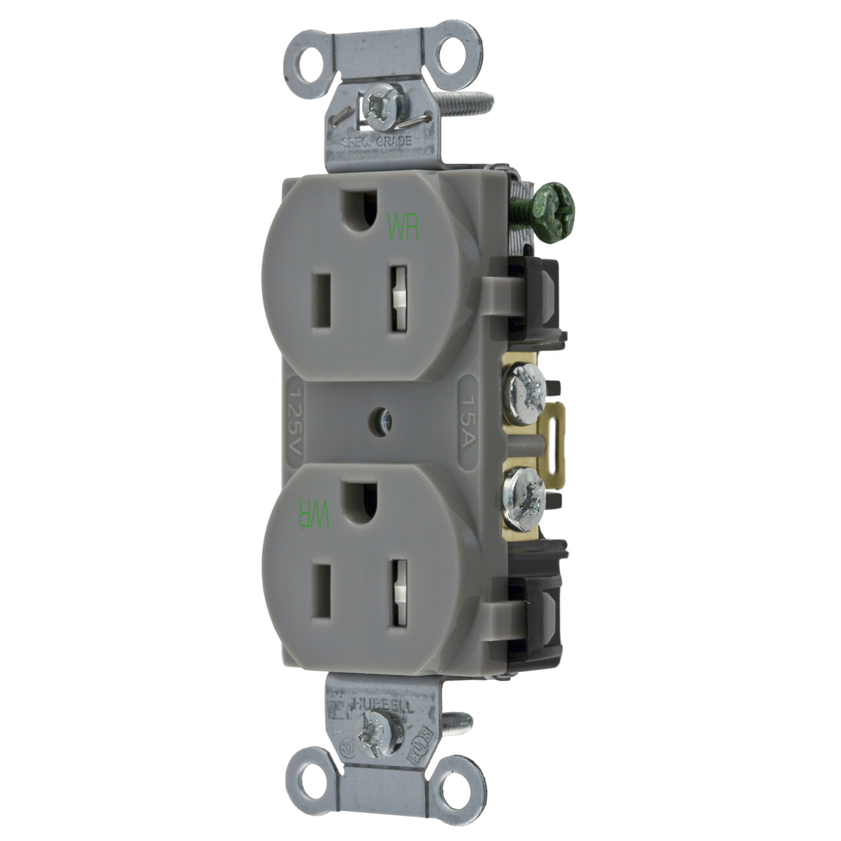 BR15GRYWRTR 1-Phase Duplex Tamper/Weather-Resistant Standard Traditional Screw Mount Straight Blade Receptacle, 125 V AC, 15 A, 2 Poles, 3 Wires, Gray