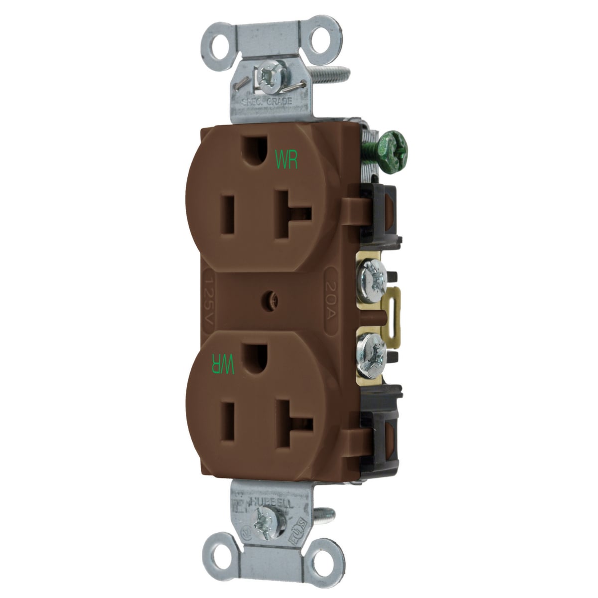 BR20WR 1-Phase Duplex Self-Grounding Standard Traditional Weather Resistant Screw Mount Straight Blade Receptacle, 125 VAC, 20 A, 2 Poles, 3 Wires, Brown