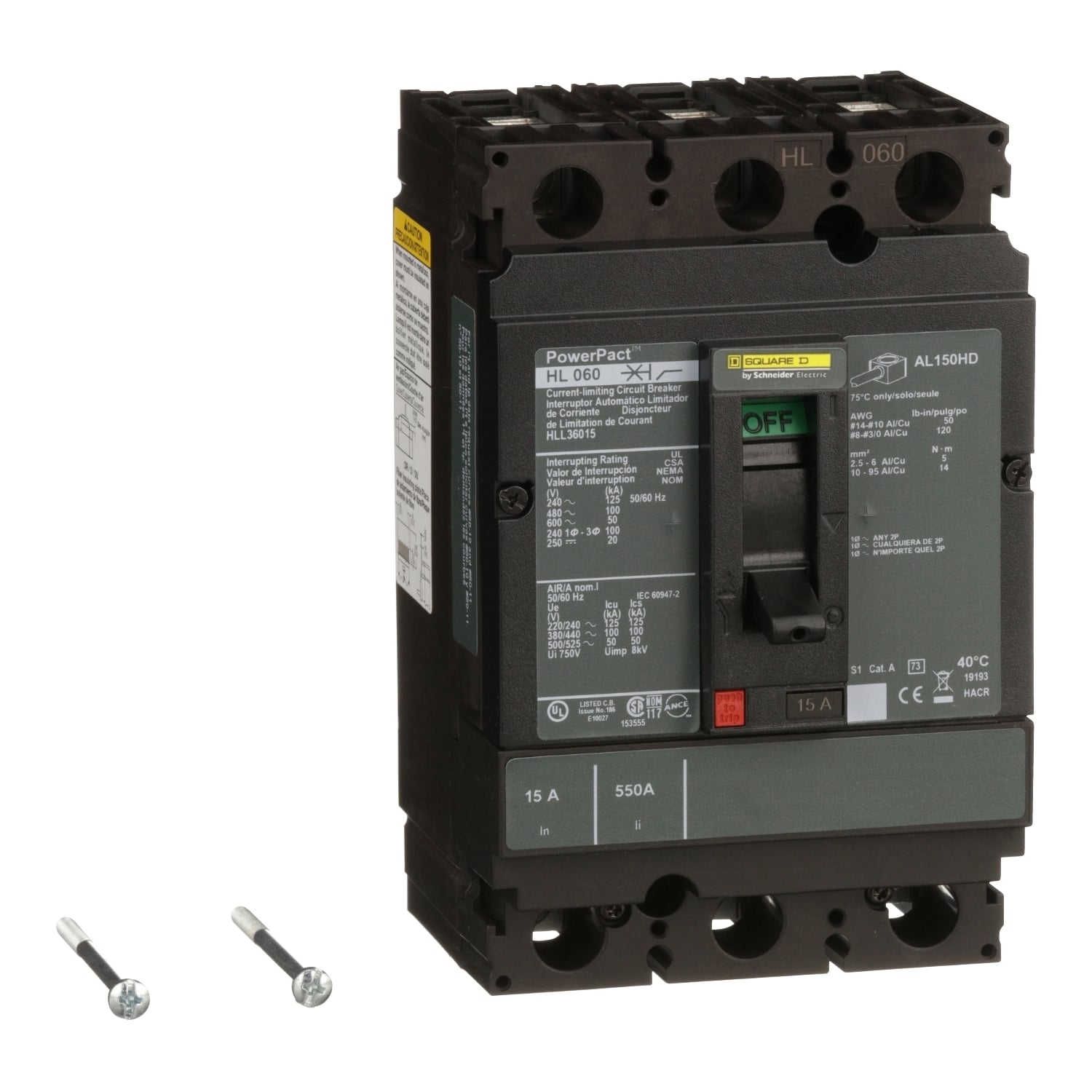 HLL36015 I-Line PowerPact Type HLL Molded Case Circuit Breaker, 600 V AC/250 to 500 V DC, 15 A, 125 kA at 240 VAC/100 kA at 480 VAC/50 kA at 600 VAC/20 kA at 250 VDC/50 kA at 500 VDC Interrupt, 3 Poles, Thermal Magnetic Trip