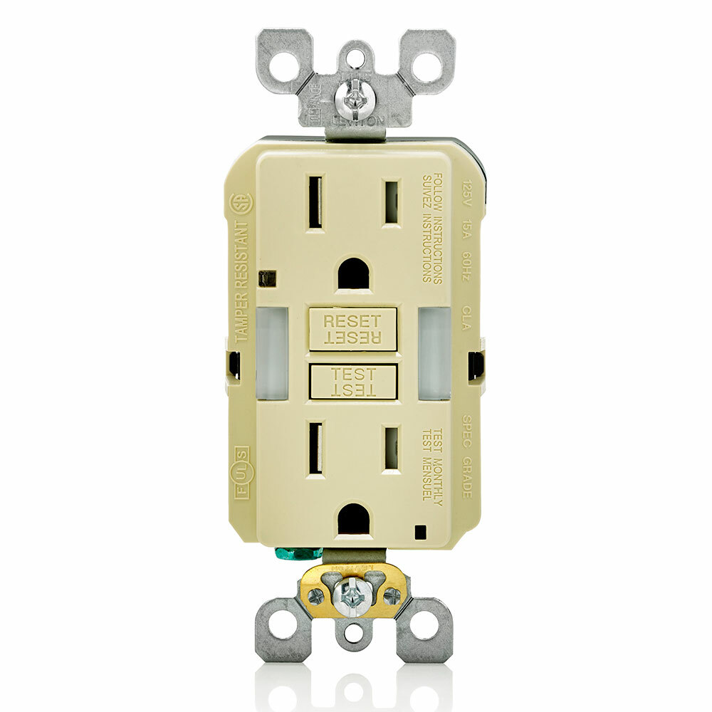 GFNL1-I SmartlockPro Slim Duplex Feed Through Guidelight Monochromatic Self-Test Slim Tamper Resistant GFCI Receptacle With LED Indicator, 125 V AC, 15 A, 2 Poles, 3 Wires, Ivory