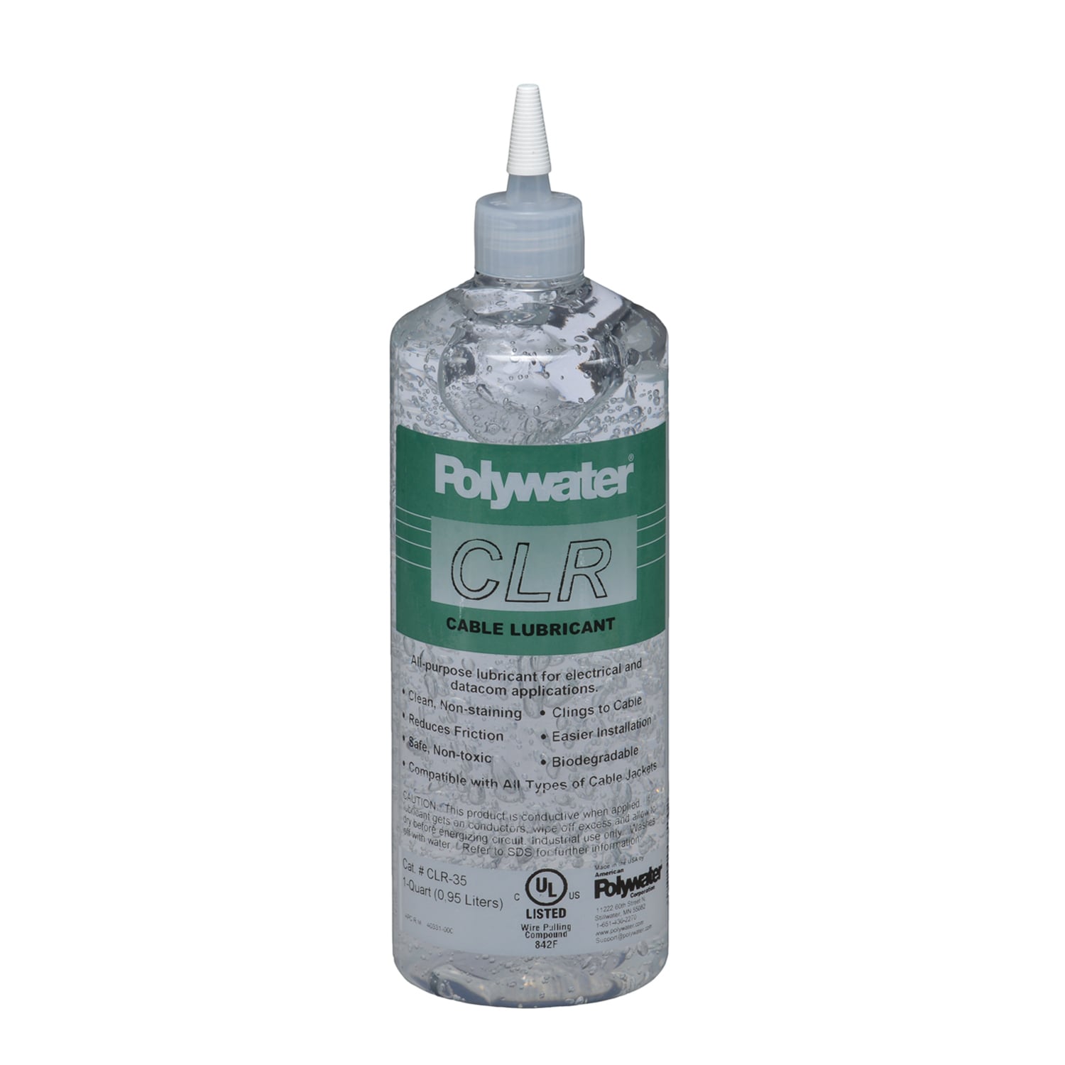 CLR-35 CLR Non-Staining Easy Clean-Up Cable Pulling Lubricant, 1 qt Squeeze Bottle, Gel Form, Clear, 0.98