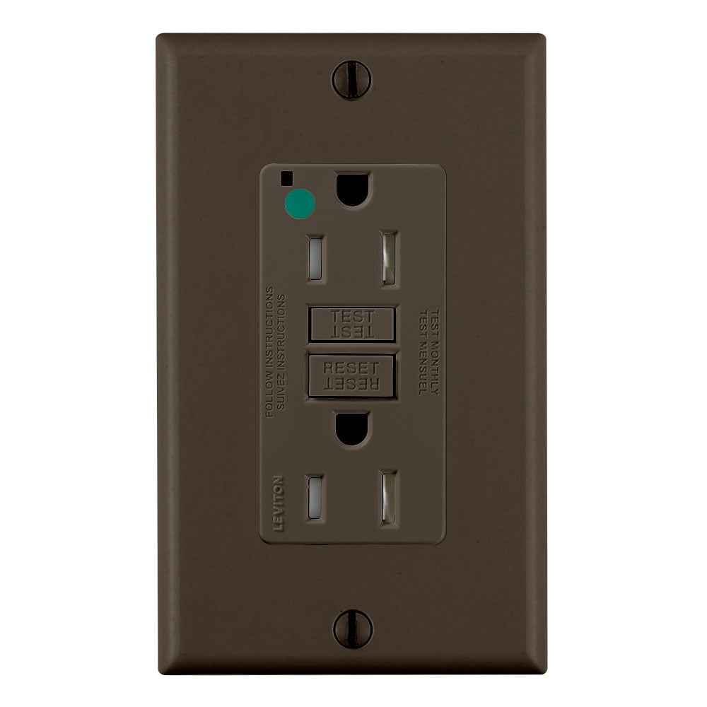 GFTR1-HG SmartlockPro Slim Duplex Feed Through Self-Test Tamper Resistant GFCI Receptacle With LED Indicator, 125 V AC, 15 A, 2 Poles, 3 Wires, Brown