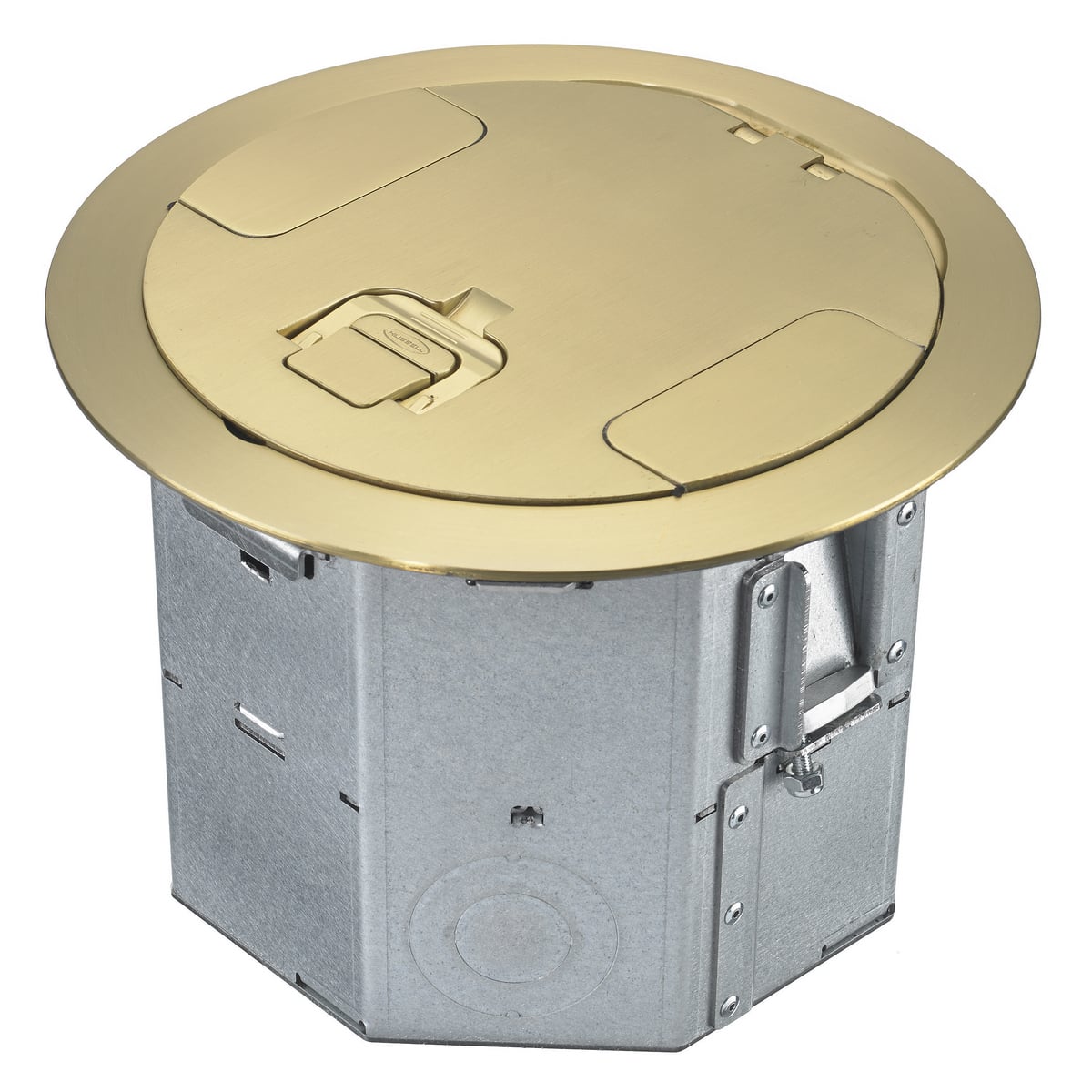 RAFB4BRS Floor Box With Brass Cover, Composite, 19 cu-in Capacity, 4 Gangs, 10 Knockouts, 7.33 in L x 8.05 in W x 6.41 in H
