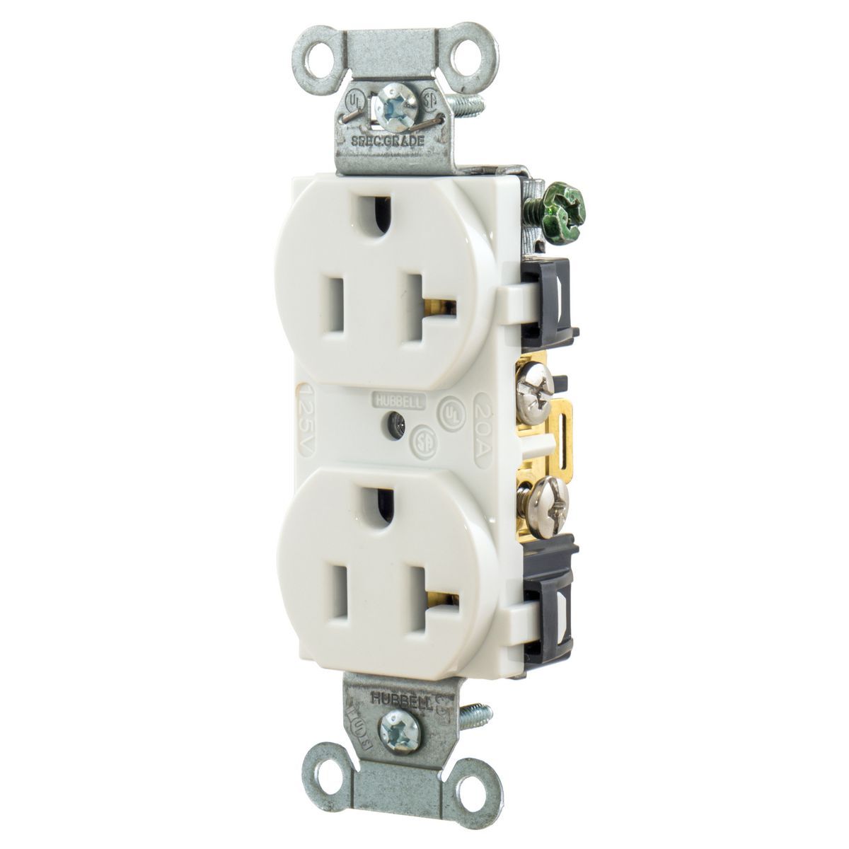 5352AW 1-Phase Duplex Heavy Duty Self-Grounding Standard Traditional Screw Mount Straight Blade Receptacle, 125 V AC, 20 A, 2 Poles, 3 Wires, White