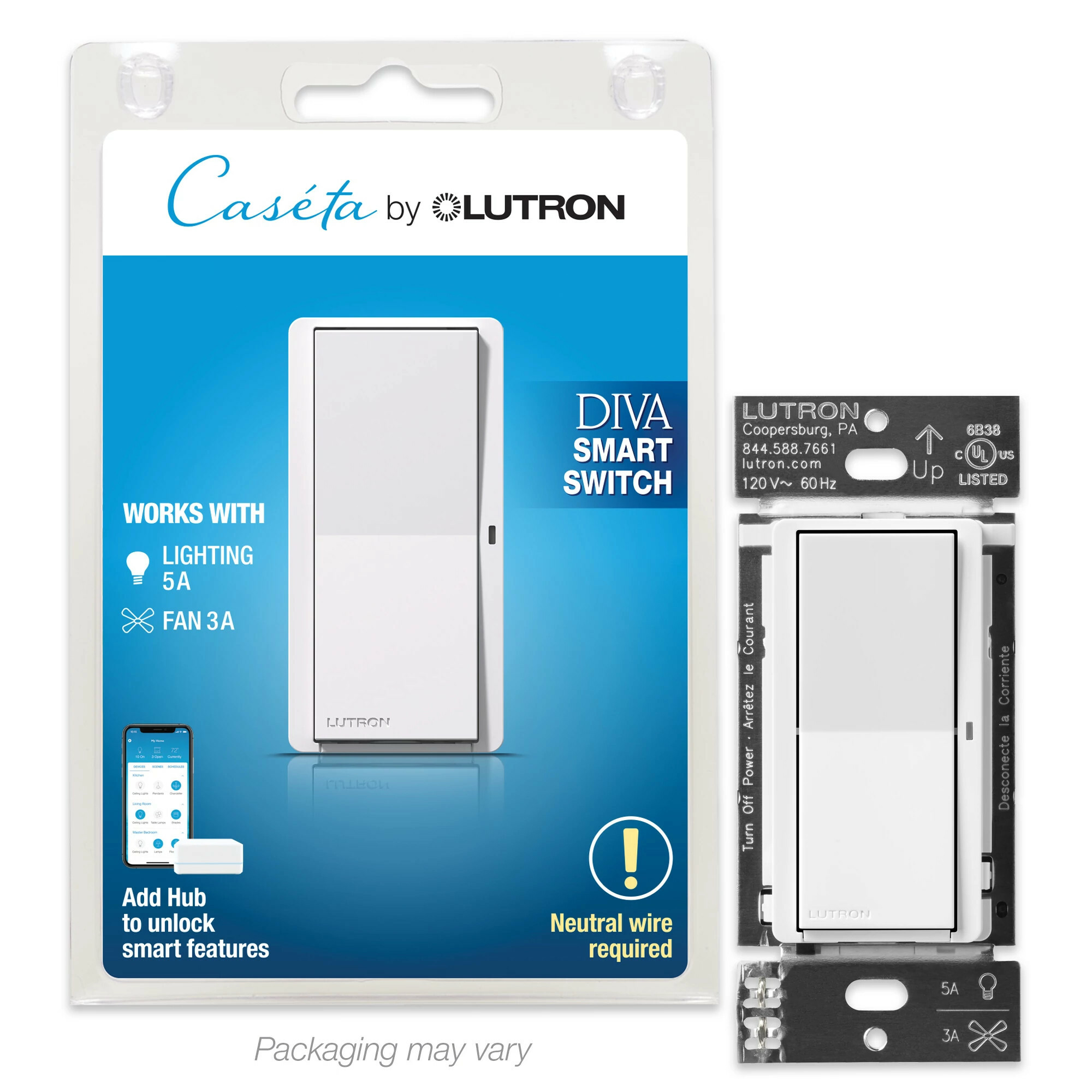 DVRF-5NS-WH Claro Smart Switch for Caseta, 5 Amp LED or 3 Amp Fan, On/Off Paddle Switch, 1 Pole/3-Way, No Neutral Required, 120V, White