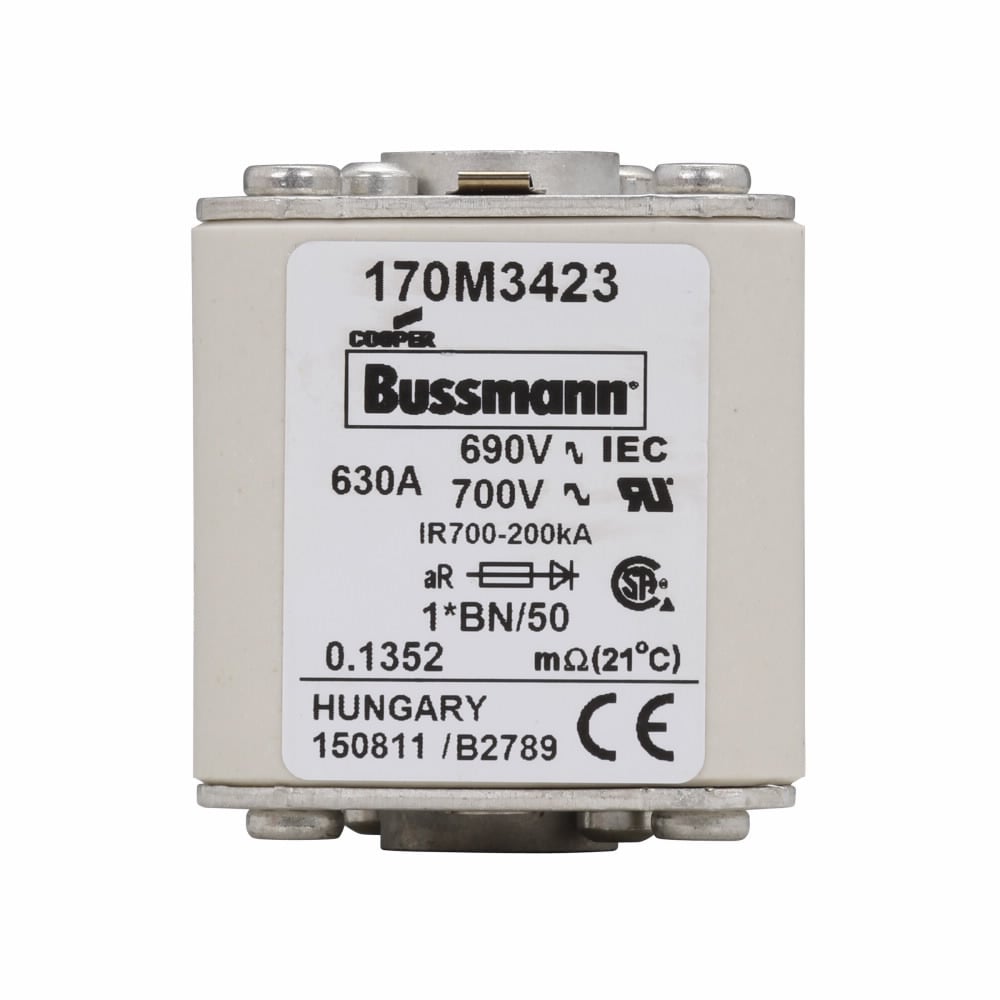 Eaton Bussmann series high speed square body fuse, 700V (UL), 690V (IEC), 630A, 200 kAIC, Top fuse status indicator, Fuse, Class aR, Flush - 170M3423