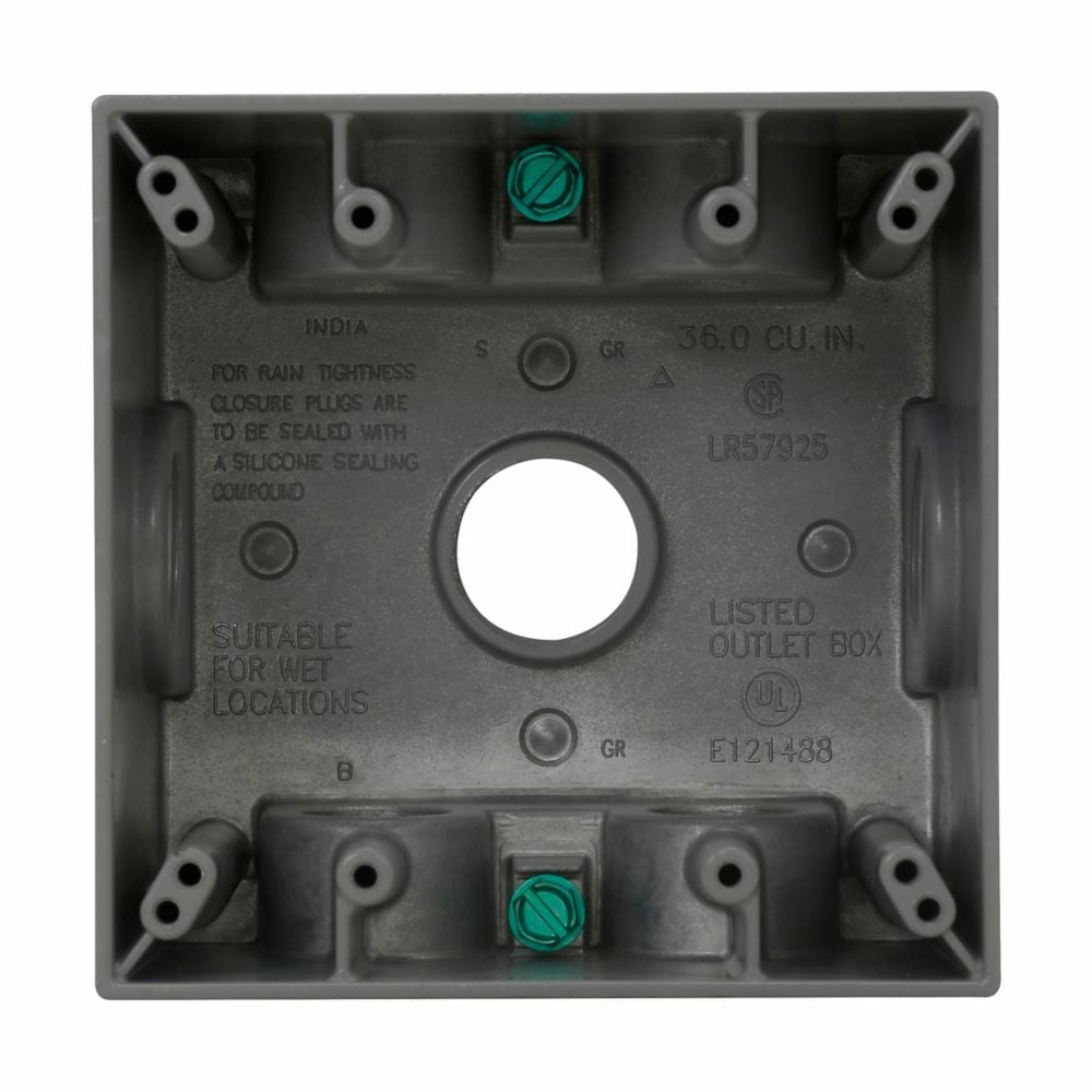 TP7137 Corrosion-Resistant Weatherproof Outlet Box, Die-Cast Aluminum, 37 cu-in Capacity, 2 Gangs, 7 Outlets, 4-1/2 in W x 2-21/32 in D x 4-1/2 in H