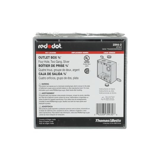2IH4-2 Red Dot Universal Weatherproof Box, Die Cast Aluminum, 31.8 cu-in Capacity, 2 Gangs, 4 Outlets, 4-9/16 in L x 4-5/8 in W x 2-1/16 in D