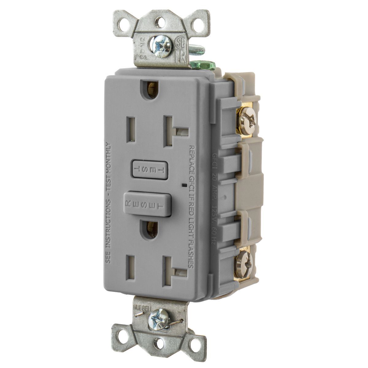 GFT20GY 1-Phase Tamper Resistant Screw Mount GFCI Receptacle, 125 V AC, 20 A, 2 Poles, 3 Wires, Gray
