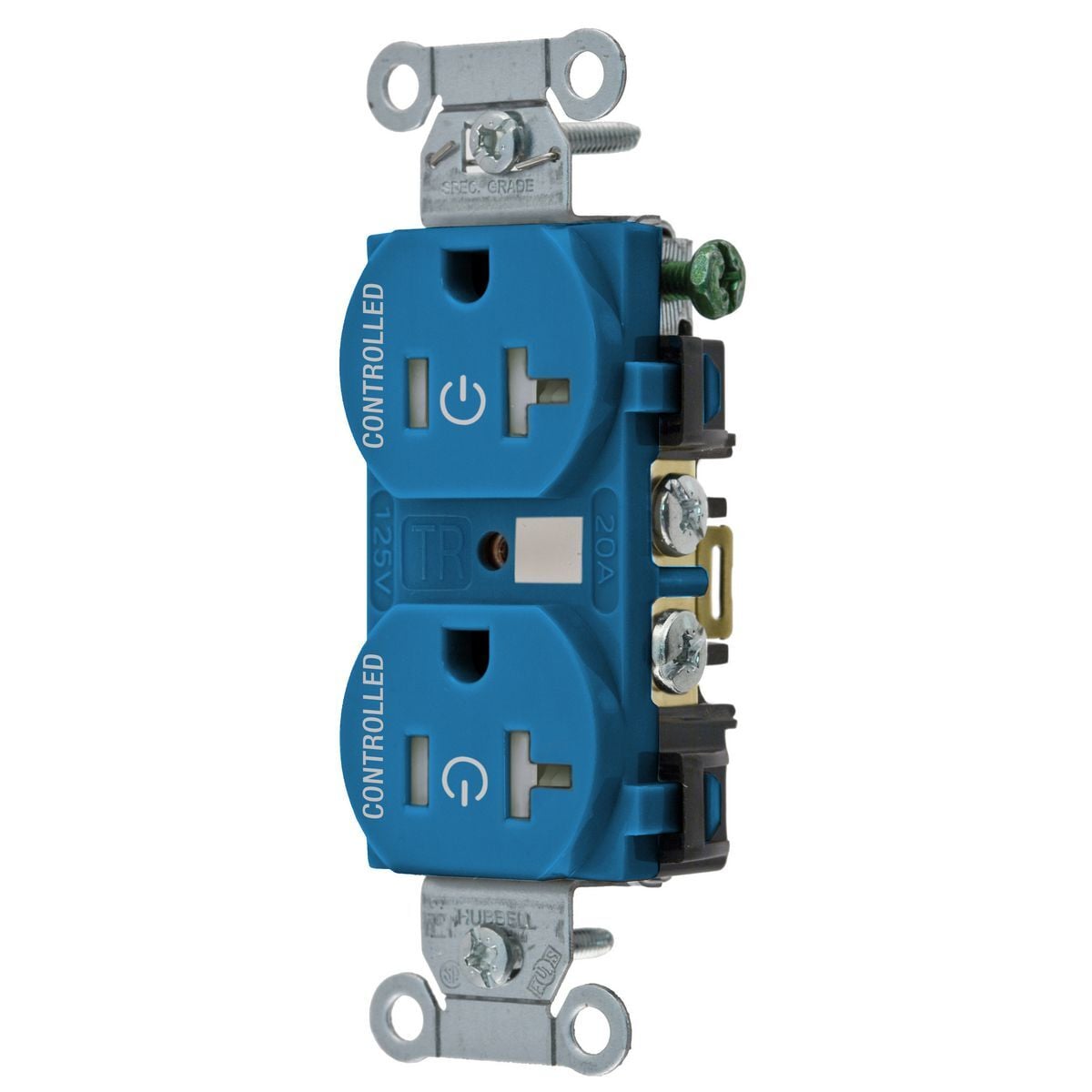 BR20C2BLTR Duplex 2-Controlled Face Tamper-Resistant Straight Blade Receptacle, 125 V AC, 20 A, 2 Poles, 3 Wires, Blue