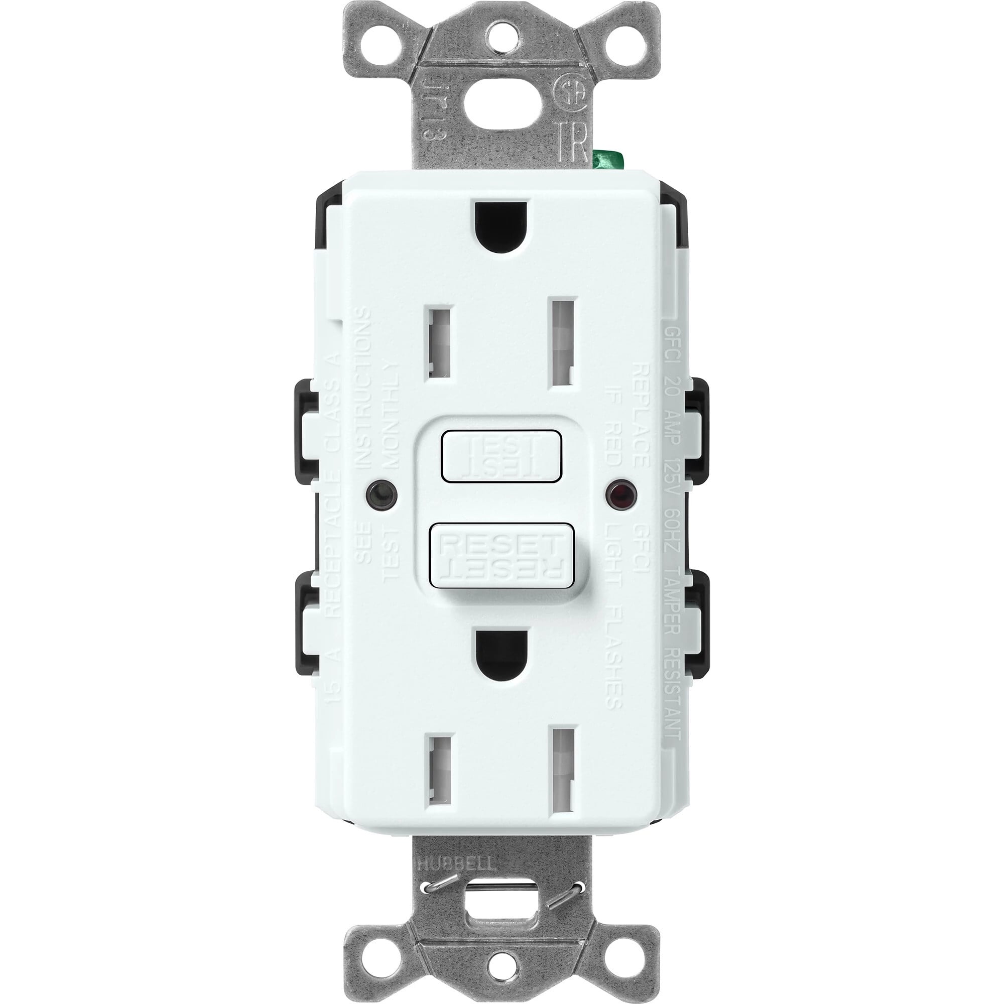 SCR-15-GFST-GL Claro Tamper-Resistant GFCI Duplex Receptacle, Decorator-Style Outlet, 15 Amp, Self-Testing, Satin, Glacier White