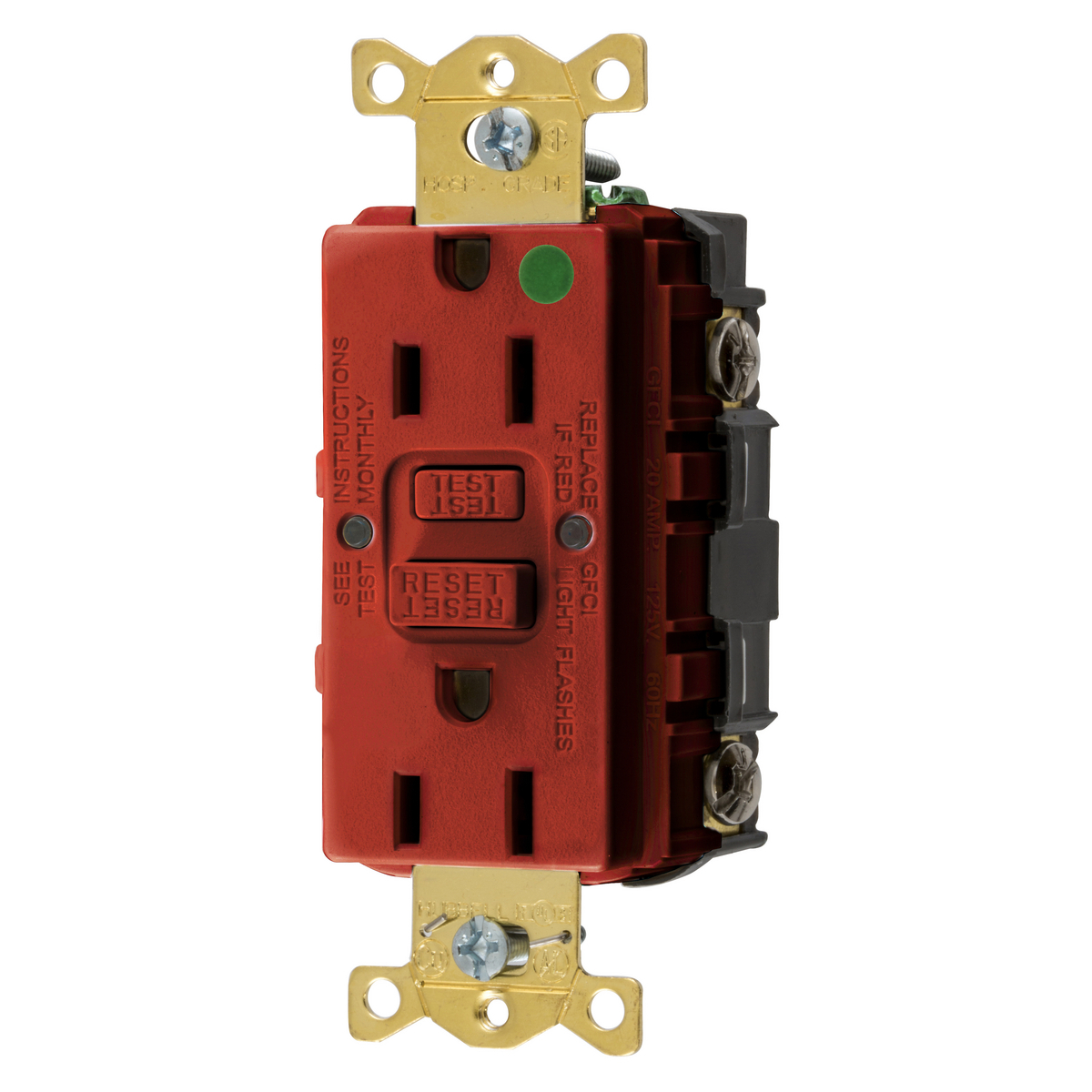 GFRST82R 1-Phase Decorator Duplex Self-Test Standard Straight Blade Screw Mount GFCI Receptacle, 125 VAC, 15 A, 2 Poles, 3 Wires, Red
