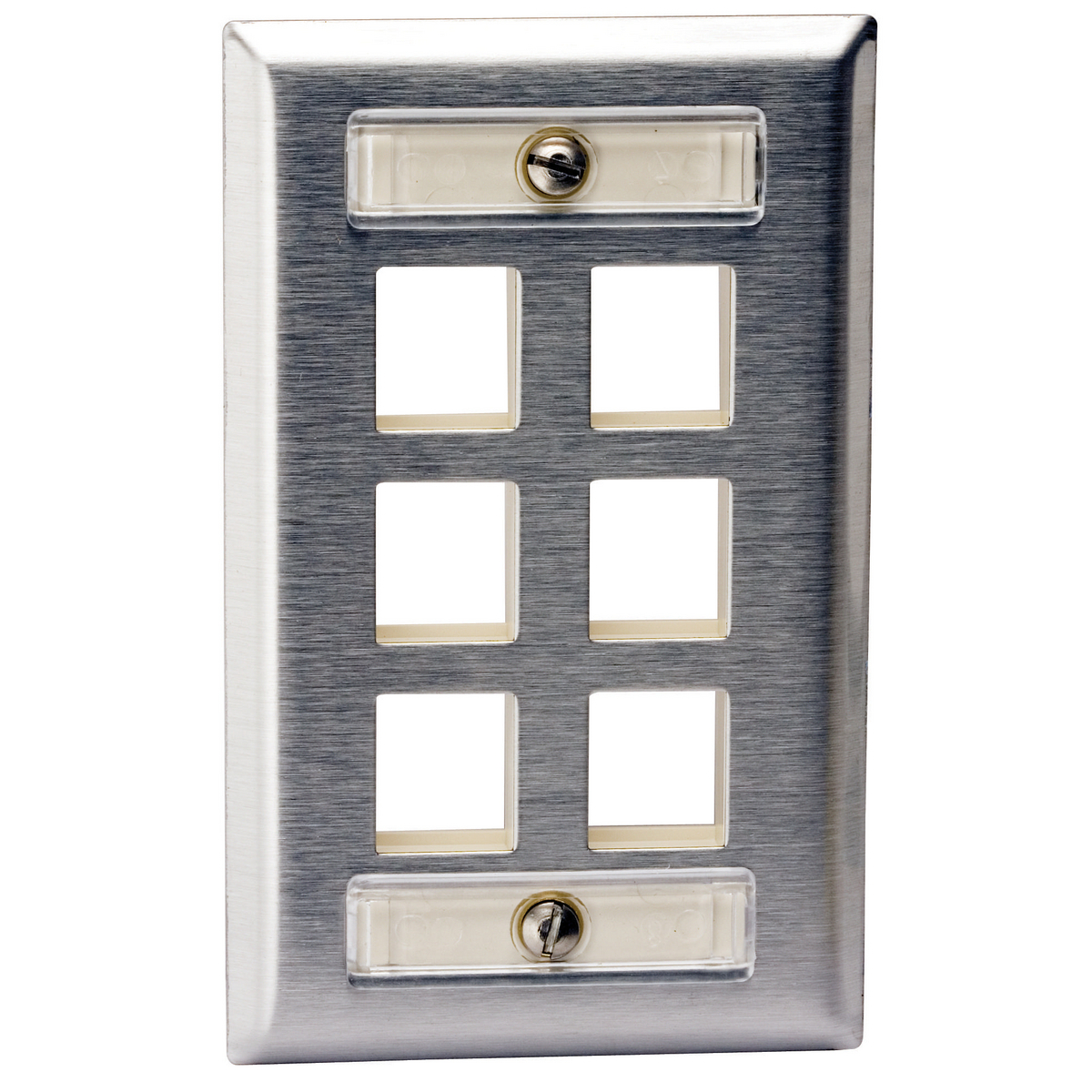 SSFL16 Keystone Standard Vertical Faceplate With Label Fields, 1 Gangs, 6 Ports, Fastened Mount, Stainless Steel