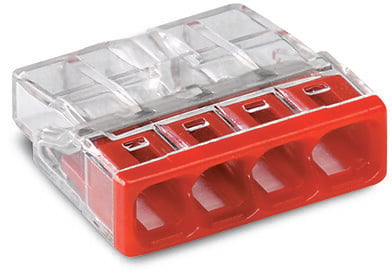 4-wire splicing connector - Wago (2273 series) - for 0.5mm2...2.5mm2 / for #20AWG...#16AWG - Rated current (IEC) 24A - Transparent housing / Red cover color - with PUSH WIRE spring connections