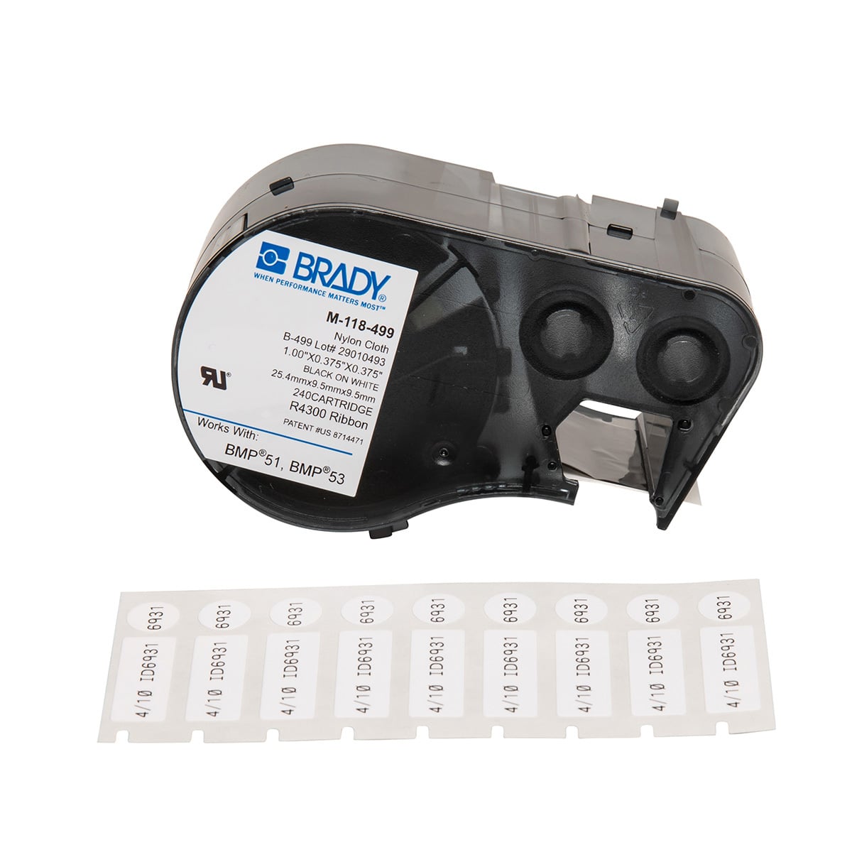 M-118-499 M Series Rectangular Cartridge Label, 1 in L x 3/8 in W, For Use With BMP 51 and BMP 53 Label Maker, B-499 Polyamide Coated Nylon Cloth, Black on White