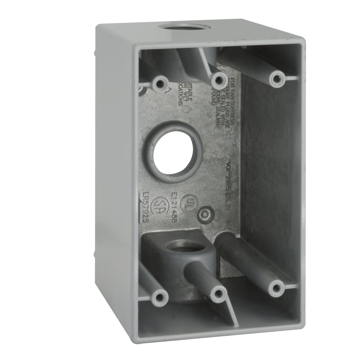 5385-0 Deep Weatherproof Outlet Box, Die Cast Aluminum, 22.5 cu-in Capacity, 1 Gangs, (3) Outlets, 4-1/2 in H x 2-3/4 in W x 2-5/8 in D