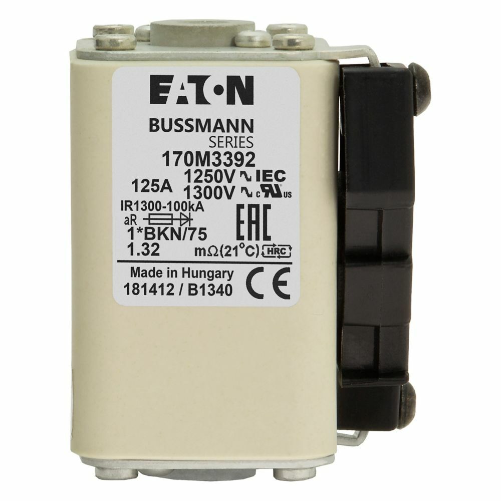 170M3392 Type K High Speed Fuse, 125 A, 690/700 V, 100 kA Interrupt, Class: AR, Square Body