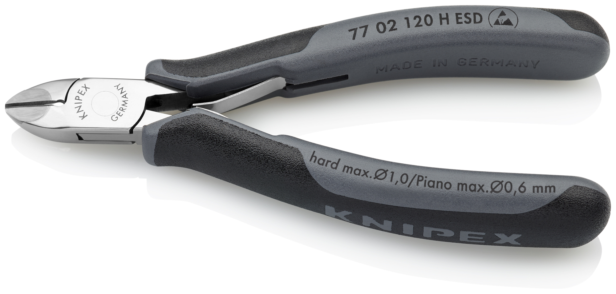 Electronics Diagonal Cutters-Carbide Metal Cutting Edges-ESD Handles, 4 3/4 in., Multi-component, Polished, Semi-flush with Bevel Cut, Oval Head, Up to 1/64 in. Piano Wire