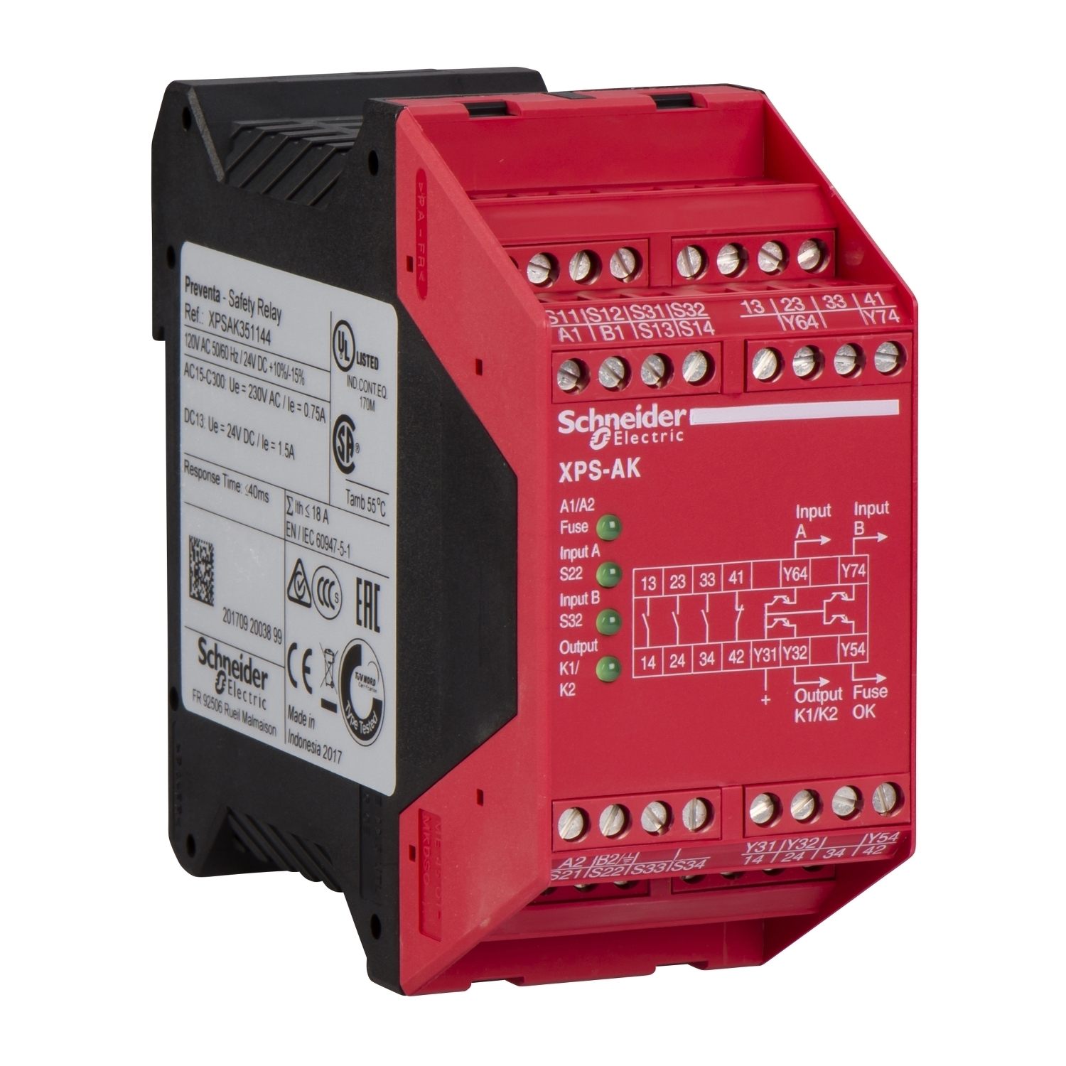 XPSAK351144 Preventa Safety Relay With (4) LED's, 5 A, 3NO-1NC 3 Form A/1 Form B Contact, 24 V DC V Coil