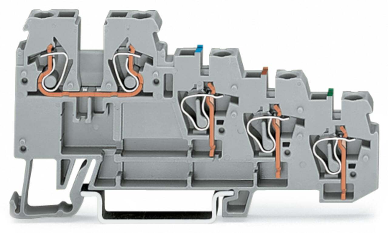 270-570 270 4-Conductor Terminal Block, 250 V, 18 A, 28 to 12 AWG Wire, 5 Poles, DIN Rail Mounting