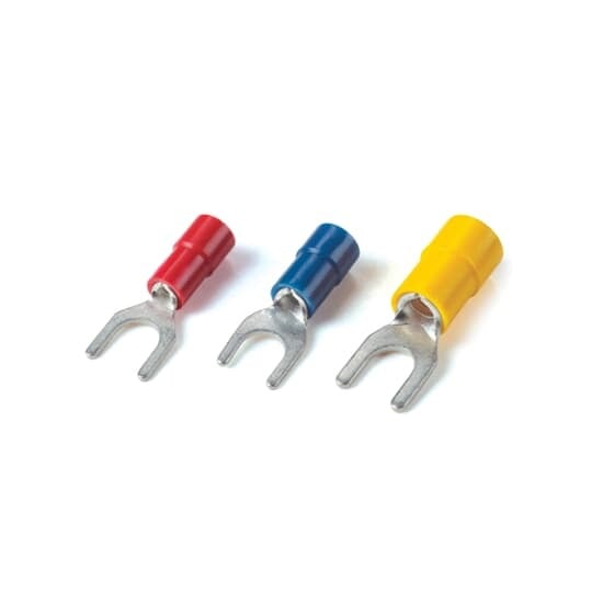 TV10-14F-XV Catamount Fork Terminal, 12 to 10 AWG Conductor, 1.004 in L, Brazed Seam/Funnel Entry/Internal Serration Barrel, Copper, Yellow