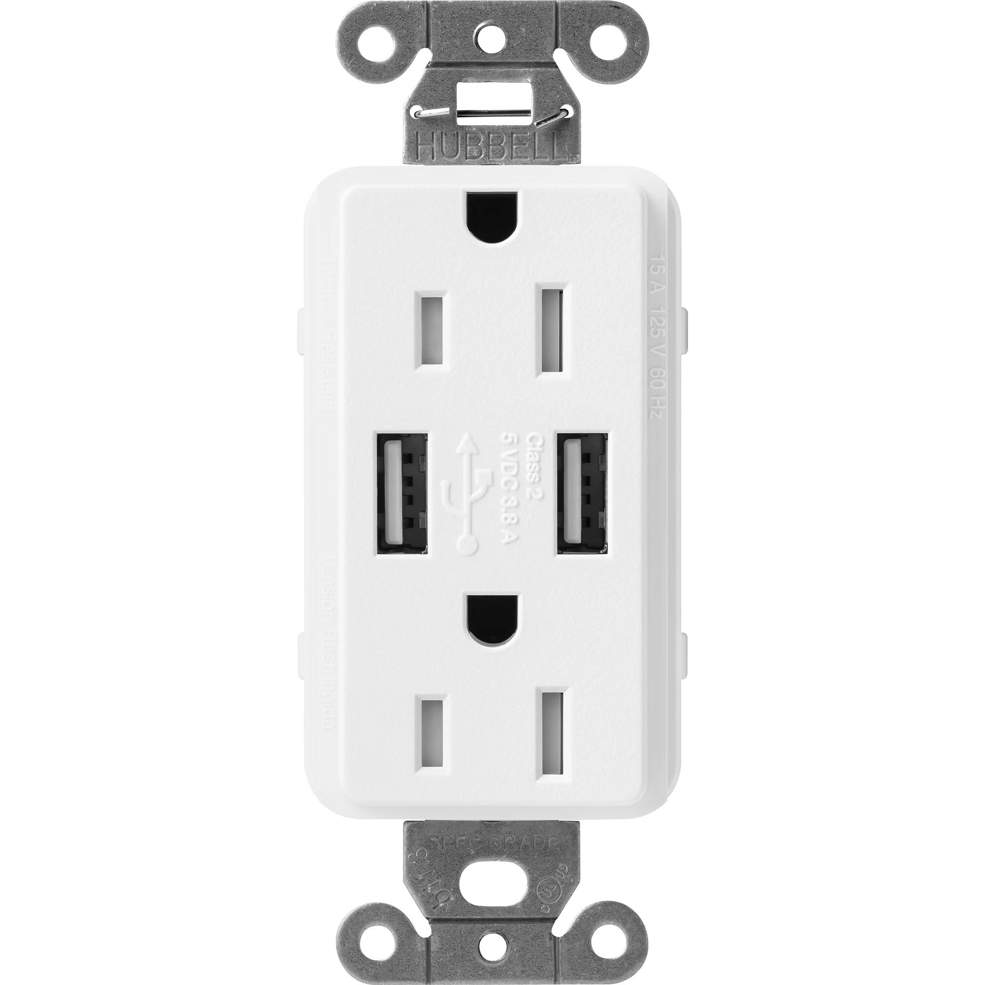 SCR-15-UBTR-SW Claro Tamper-Resistant USB-A Duplex Receptacle, Decorator-Style Outlet, 15 Amp, Self-Testing, Satin, Snow