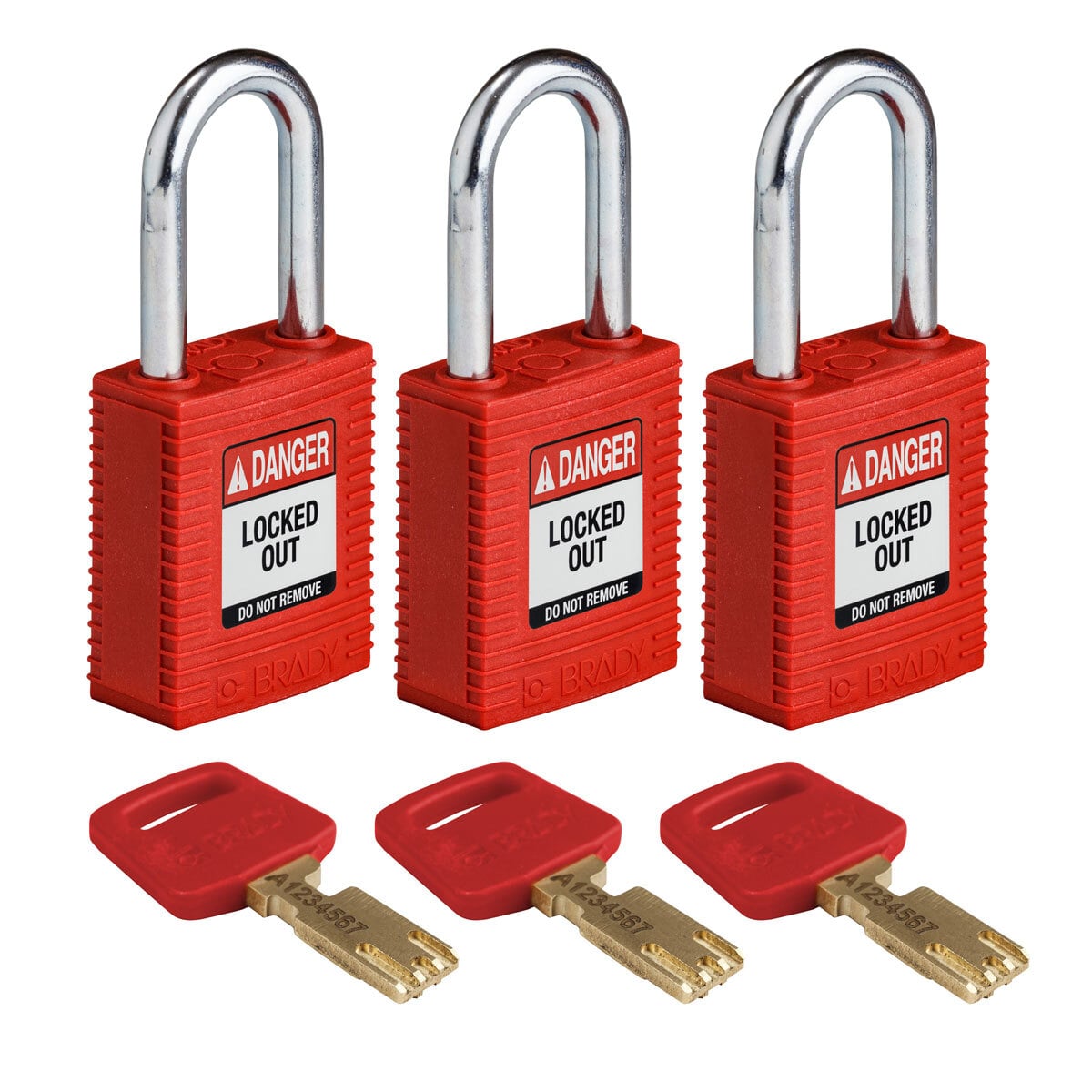 NYL-RED-38ST-KA3PK SafeKey Standard Lockout Padlock, Alike Key, Red, LOTO-101 Nylon Body, 1/4 in Dia x 1-1/2 in H x 0.8 in W Steel Shackle, 3/4 in L Body, Non-Conductive Conductivity