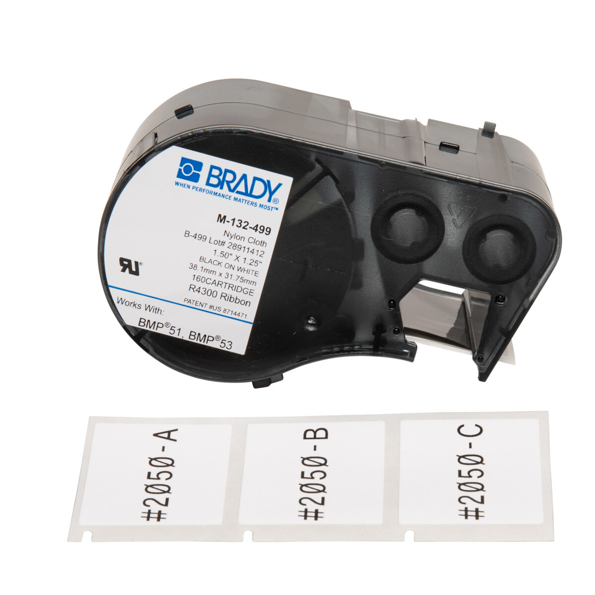M-132-499 M Series Rectangular Cartridge Label, 1-1/4 in L x 1-1/2 in W, For Use With BMP 51 and BMP 53 Label Maker, B-499 Polyamide Coated Nylon Cloth, Black on White